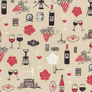 Textiles français Vin Rouge tela - Rojo, Blanco y Negro sobre Barrica de Roble Claro - Imagen 1 de 3