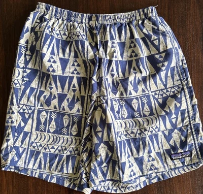 Bañador Pantalones Cortos Patagonia Baggies Hombres XS Azul Crema Geométrico Peces Foto 1 de 4