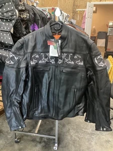 Reflective Skull Premium Cowhide Leather Motorcycle Jacket - Zip Out Liner - Picture 1 of 6
