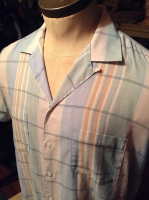 VAN HEUSEN L ROCKABILLY PASTEL GREEN GOLD & BLUE PLAID LOOP COLLAR S/S KNIT NICE - Image 1 of 4