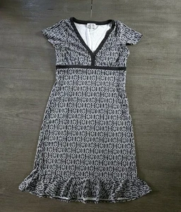 Ann Taylor Loft PETITES Size M Babydoll Dress Y2K Ruffle Hem Black White Demask - Picture 1 of 6