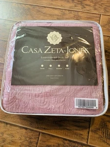 CASA ZETA JONES EMBROIDERED Cotton Coverlet Scallop Edge Set Ashes of Rose Queen - Picture 1 of 2