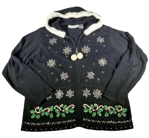 Vintage Victoria Jones Weihnachts Strickjacke Damen M schwarz Reißverschluss Kapuze Perlen bestickt - Bild 1 von 10
