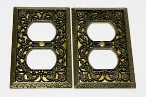Single Plug Cover Plates (2) Ornate Filigree Floral Metal Brass Gold Vintage - Picture 1 of 3