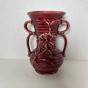 Vtg SHAWNEE Pottery USA Ring Flower Vase Burgundy Double Handle Ribbed Floral - Picture 1 of 5