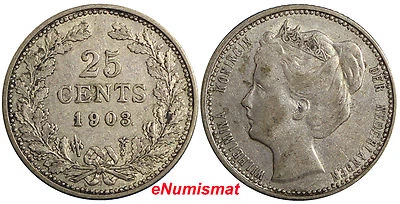 Netherlands Wilhelmina I Silver 1903 25 Cents 19mm KM# 120.2 (6495) - Image 1 of 3