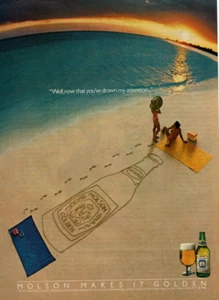 1985 Vintage Print Ad Molson Makes It Golden Beach Ocean Sunset Horizon Beer - Picture 1 of 2