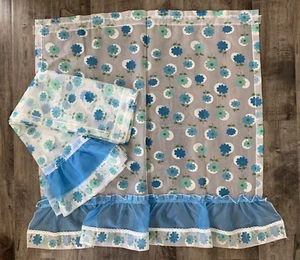 NEW (2) Vintage MOD 1960’s BLUE DAISIES Flocked Circles Curtain Panels ~ 35x 36 - Picture 1 of 8