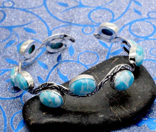 VALENTINO Bracciale Gioielli Argento Sterling 925 Pietra Preziosa Larimar Blu Regolabile