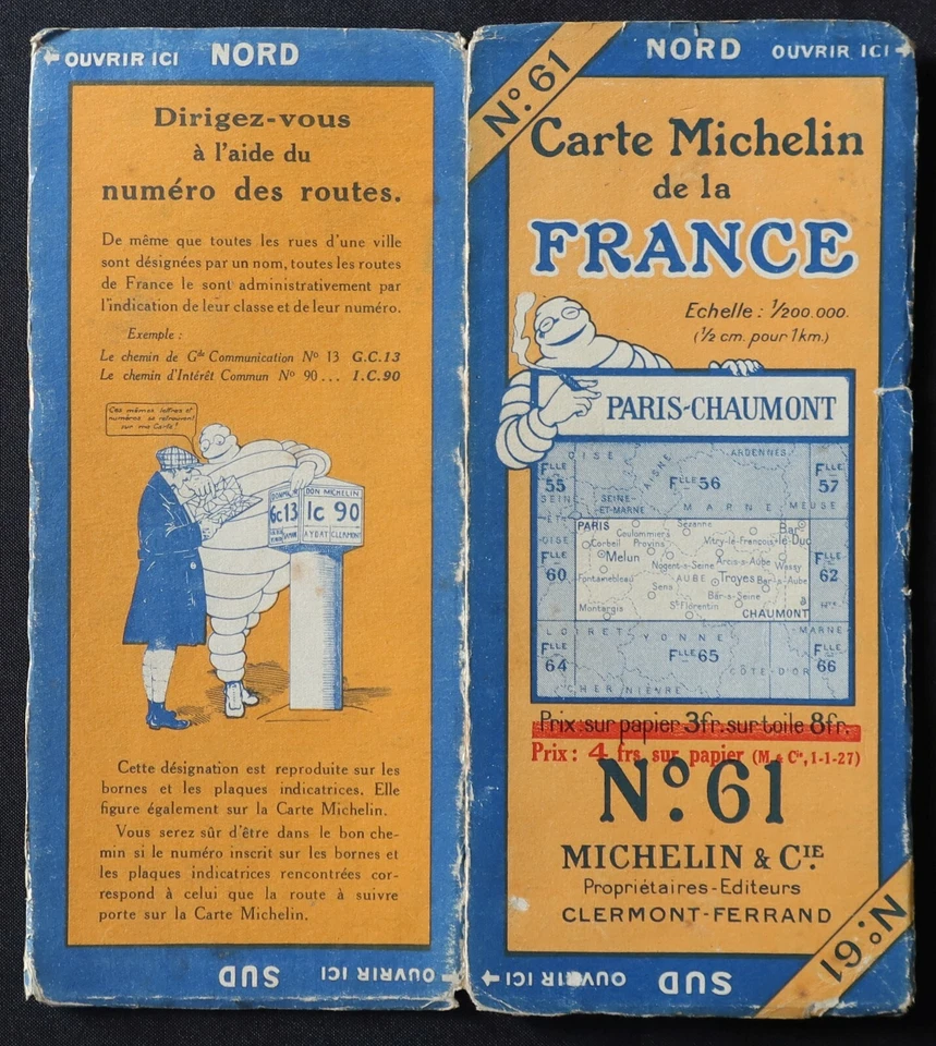 Mapa 1926 MICHELIN 61 PARIS CHAUMONT Guía Bibendum neumáticos mapa - Imagen 1 de 1