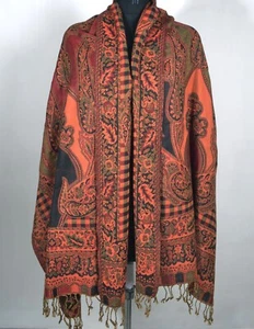 Check & Paisley Scarf. Orange Jamavar Shawl. Reversible Head Wrap Shoulder Cover - Picture 1 of 10