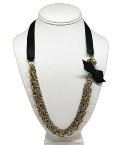 Women's Double Strand Chain Ribbon Necklace Rhinestone Ball Gold & Silver Tone - Picture 1 of 3