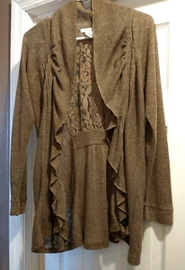 RXB Womens Open Front Beige Cardigan Sweater Open Knit Lace Size Large - Picture 1 of 8