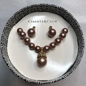 Charter Club Rose Gold Imitation Pearl Earring & Necklace Set, New in Box - Picture 1 of 7