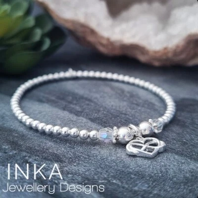 Pulsera Inca Plata Esterlina 925 Elástica con Dije CORAZÓN y CRISTAL Foto 1 de 4