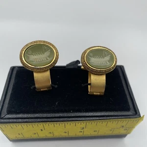Wedge wood Dante Cufflinks Ancient Greek Ship Green Jasperware Cameo Goldtone - Picture 1 of 8