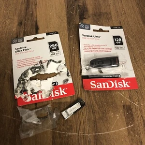 2x SanDisk Flash Memory - Ultra Flair USB 256G 3.0 + Ultra 128GB - DAMAGED NEW - Picture 1 of 8