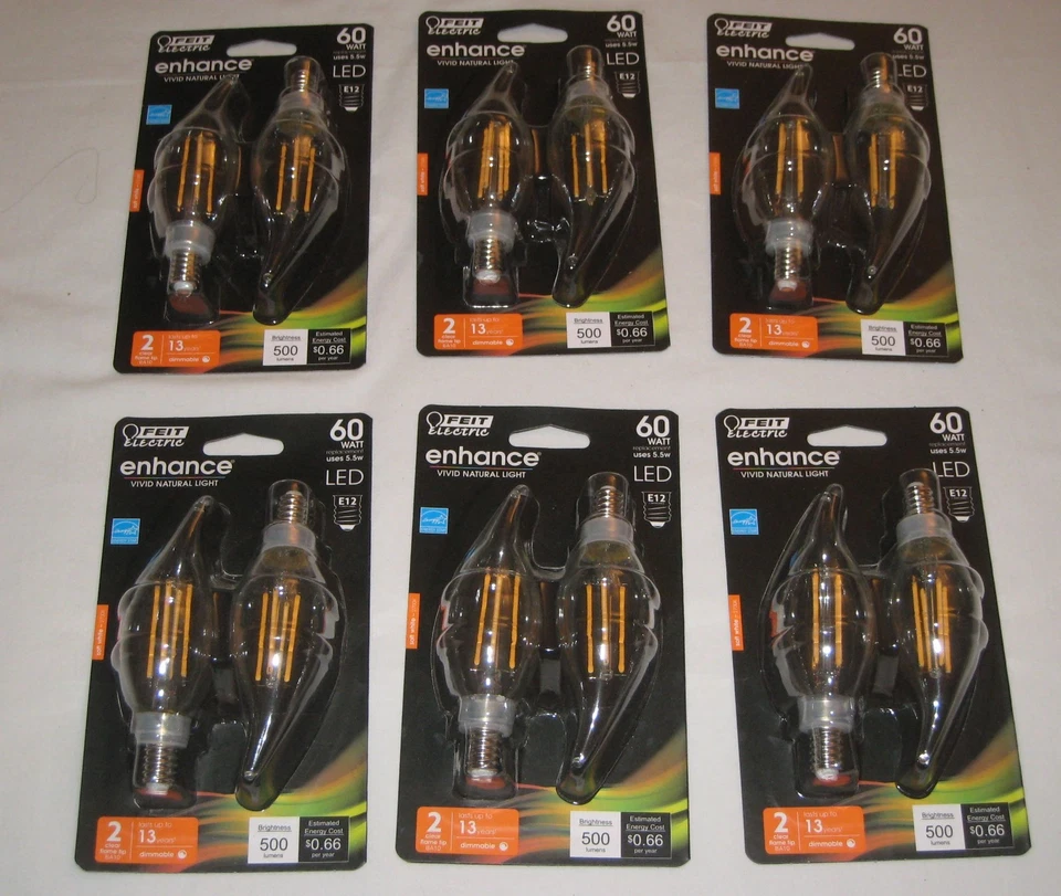 12 PK Feit Electric 60w Equivalent LED E12 Soft White Dimmable Light Bulb 2pk