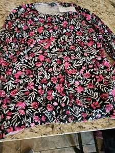 Karen Scott Cardigan Sweater Black Pink Floral Size XL Cotton Blend Shirt NEW - Picture 1 of 5
