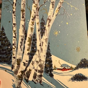 Tarjeta de Navidad De Colección Mcm Escena Nevada Abedul Árboles Pino Rojo Casa Madera Azul Claro - Imagen 1 de 5