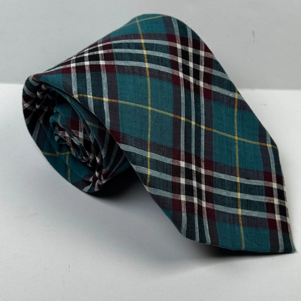 Corbata vintage Robert Talbott Nordstrom cosida a mano a cuadros verde azulado borgoña amarillo preppy Foto 1 de 4