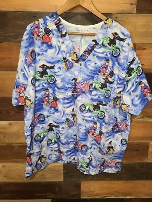 Peaches Womens Scrub Top Witch On Motorcycle Black Cat Halloween - Image 1 of 4