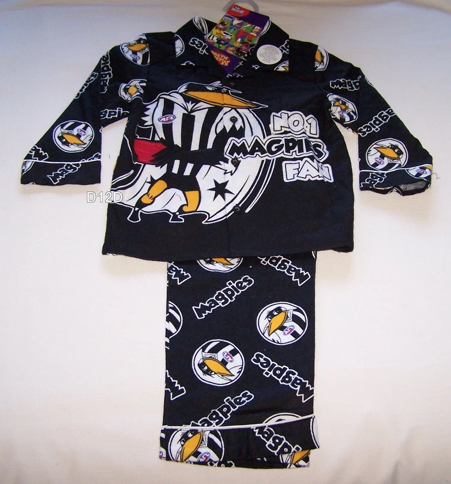 Collingwood Magpies AFL Boys Mascot Black Printed Flannel Pyjama Set Size 4 New - image 1 of 1