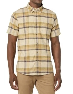 NUOVO GoodThreads Camicia Oxford Uomo Slim Fit Manica Corta Elasticizzata L Alta Tan Plaid - Foto 1 di 2