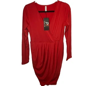 Poseshe Valentine Red Deep V-Neck Bodycon Wrap Long Sleeve Sexy Dress Size L New - Picture 1 of 12