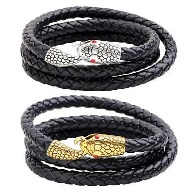 Men's Punk Leather Bracelet Multilayer Braided Snake Clasp Bangle Cuff Wristband - Image 1 of 3