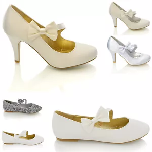 Womens Ladies Bridal Shoes Low Mid Heel Satin Bow Party Classic Flat Court Pumps - Picture 1 of 22