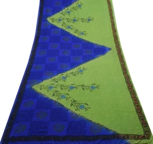 Sushila Vintage Green & Blue Saree 100% Pure Georgette Silk Printed Craft Fabric - Picture 1 of 10