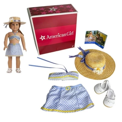 American Girl Emily Two Piece Swimsuit Outfit Hat Trade Cards White Sandal Shoes - Image 1 of 4