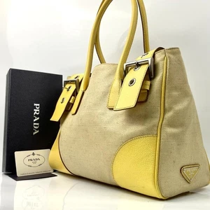PRADA Hand Bag Tote Purse CANAPA CINGHI Logo Leather Lemon Yellow Authentic - Picture 1 of 24