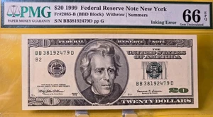 1999 $20 Federal Reserve Note NEW YORK Fr#2085-B PMG GEM UNC 66 EPQ ~ Error - Picture 1 of 6