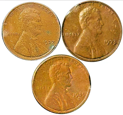 Clipped Planchet ERROR LOT 3 Lincoln Cents 1937 P Wheat cent + 1973 P - 1985 D - Image 1 of 4