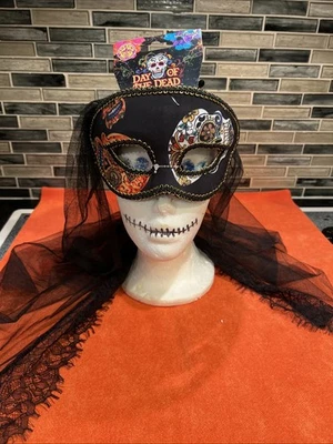 Rubie's Forum Day of the Dead Sugar Skull Eye Mask Unisex Adult with Black Veil - Image 1 of 4
