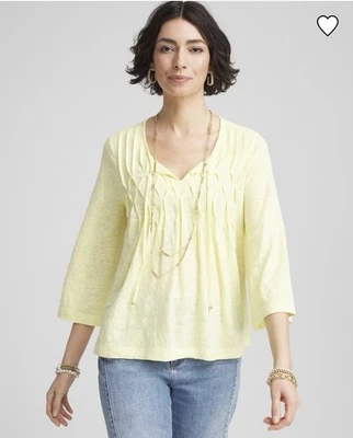 Top Chico’s Talla 1 EE. UU. Mediano 100 % Lino Pintuck Manga 3/4 Amarillo Mantequilla Playa  Foto 1 de 4