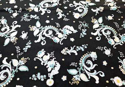 BTY Antonella 7266 Black Aqua Blue Silver Metallic Floral Hoffman Fabric Cotton - Image 1 of 4