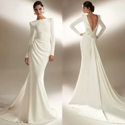 Elegant Mermaid Wedding Dresses Long Sleeve Applique Backless Pleated Bride Gown - Image 1 of 4