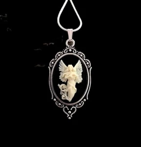 Guardian Angel Cameo Necklace Pendant, Cream/Black, 925 Sterling Silver Chain - Picture 1 of 7