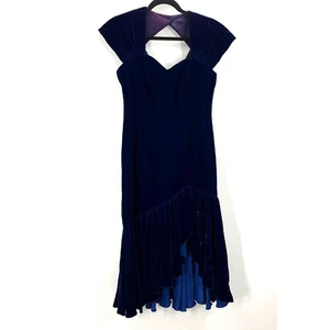 Vintage Patra Blue Velvet Dress Flare Bodycon Ruffle Hem Lined Women's Medium - Picture 1 of 12