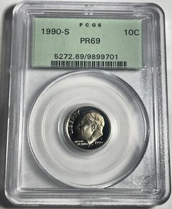 1990-S PROOF ROOSEVELT DIME GRADED PCGS PR69 OGH OLD GREEN HOLDER - Picture 1 of 6