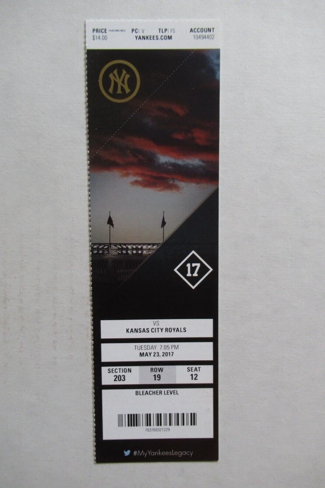 ПОЛНЫЙ БИЛЕТ NEW YORK YANKEES VS ROYALS 5/23/2017 ~ CAIN/MOUSTAKAS/HICKS+ HRs - Изображение 1 из 1