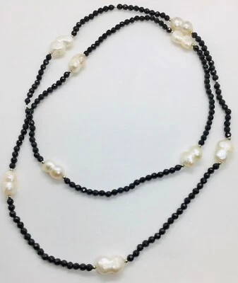 Collana Lunga in ONICE SFACCETTATO e PERLE di fiume BAROCCHE. Lungh.cm. 86. - Immagine 1 di 4