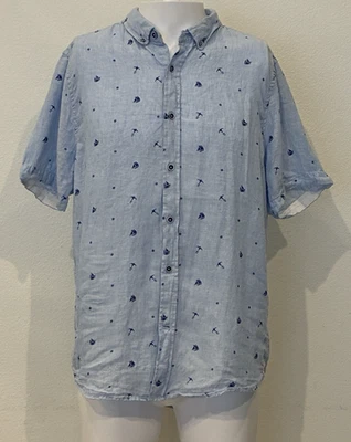 Report Collection Heritage Mens 100% Linen Short Sleeve Shirt XL Blue Sailboats - Image 1 of 4