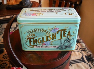 Traditional English Tea Tin in Teal Unopened & Sealed Cottage Chic Decor Full - Picture 1 of 6