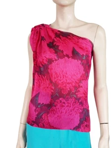 LANVIN sz 12 Pink and Burgundy Floral Print Organza One Shoulder Top - Picture 1 of 3