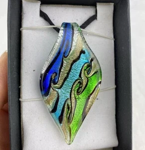 Murano Glass Pendant Necklace Leather Italian Blue Green Zigzag Design Retro 80s - Picture 1 of 6