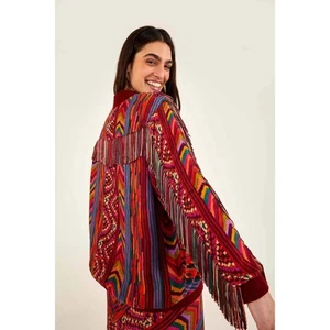 Farm Rio Red Striped Patches Bomber Jacket Fringe Sleeve XS EUC Viscose Brazil - Picture 1 of 11